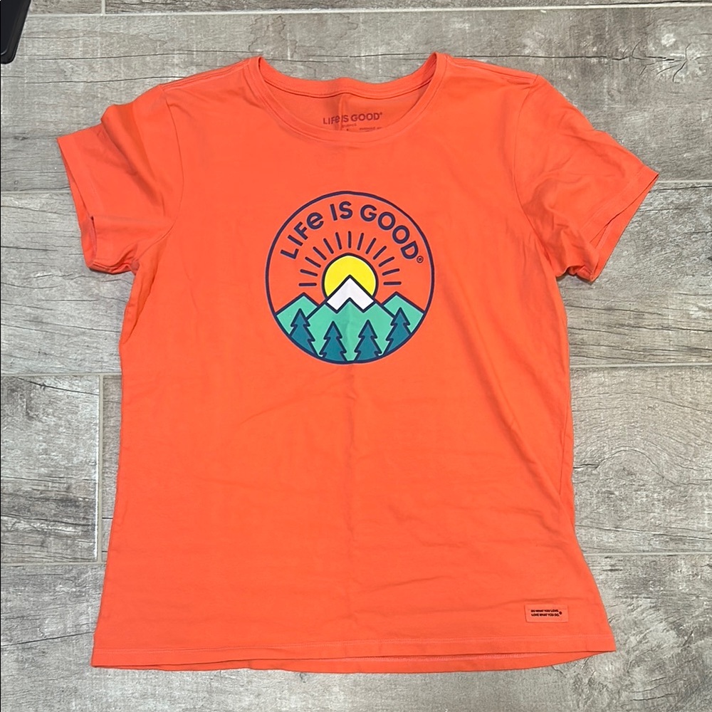 Life Is Good Orange Short Sleeve Tee with Mountain Graphic